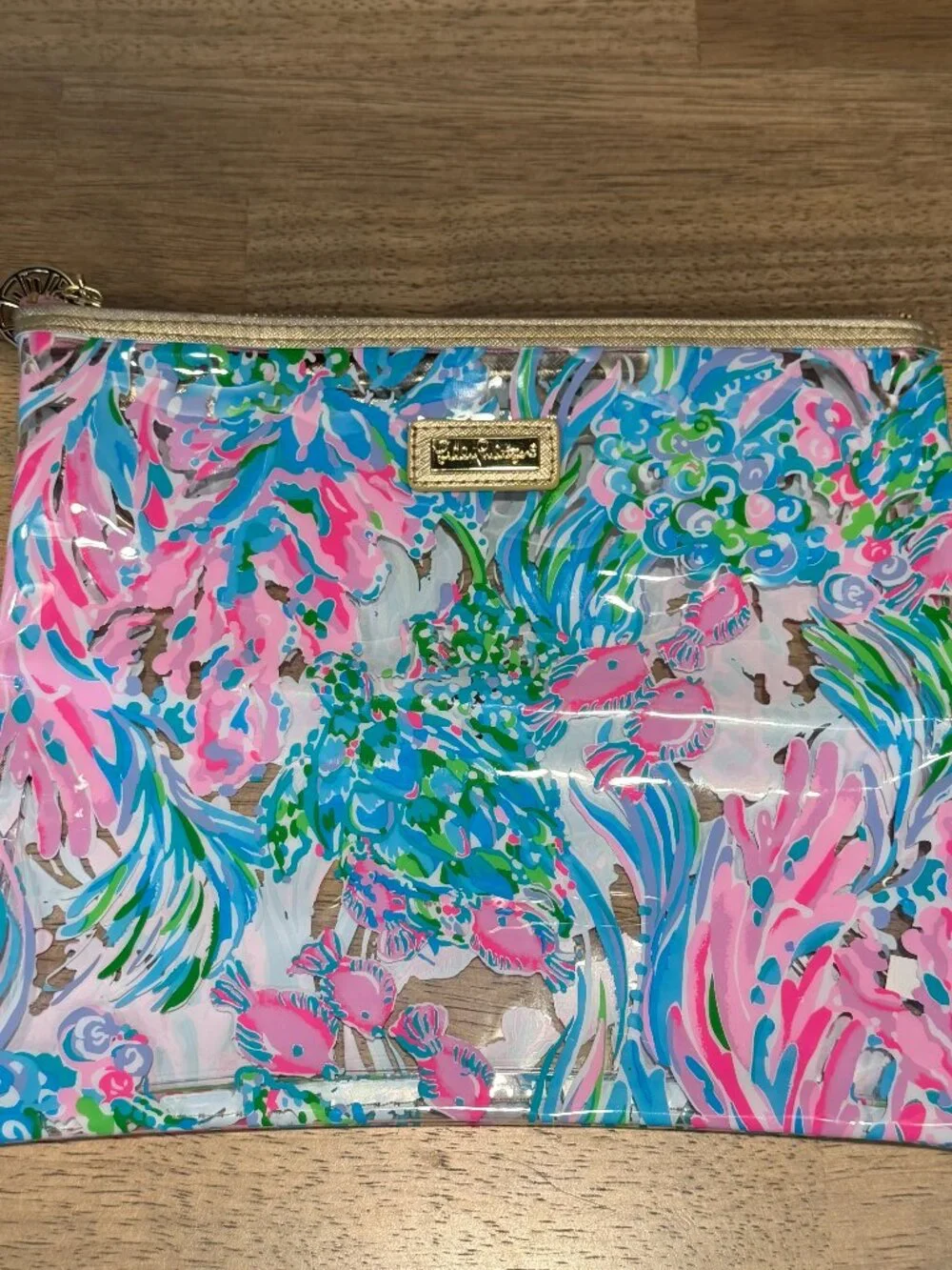 Lilly Pulitzer Printed Clear Travel Cosmetic Pouch Clutch OS Pink Blue